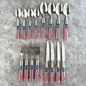 Patriotic Stars & Stripes American Flag 4th of July Stainless Flatware 16 Pc Set